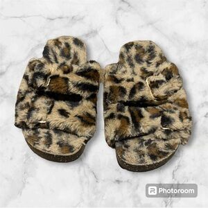 Women’s Double Buckle Faux Fur Leopard Sandals Leopard, Sizes 5-6